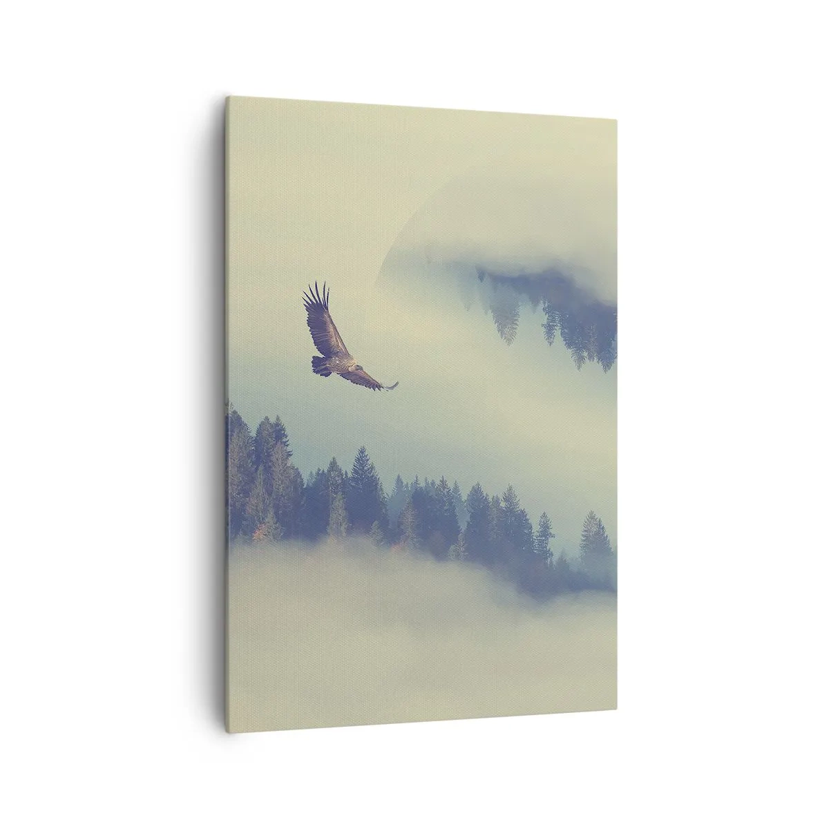 Bild auf Leinwand - Leinwandbild - Ein Adler im Flug vor der Kulisse nebliger Berge mit einem künstlerischen Kreismotiv - 70x100cm - Ich habe den Schatten eines Adlers gesehen - Moderne Wanddekoration für Wohnzimmer und Schlafzimmer ARTTOR