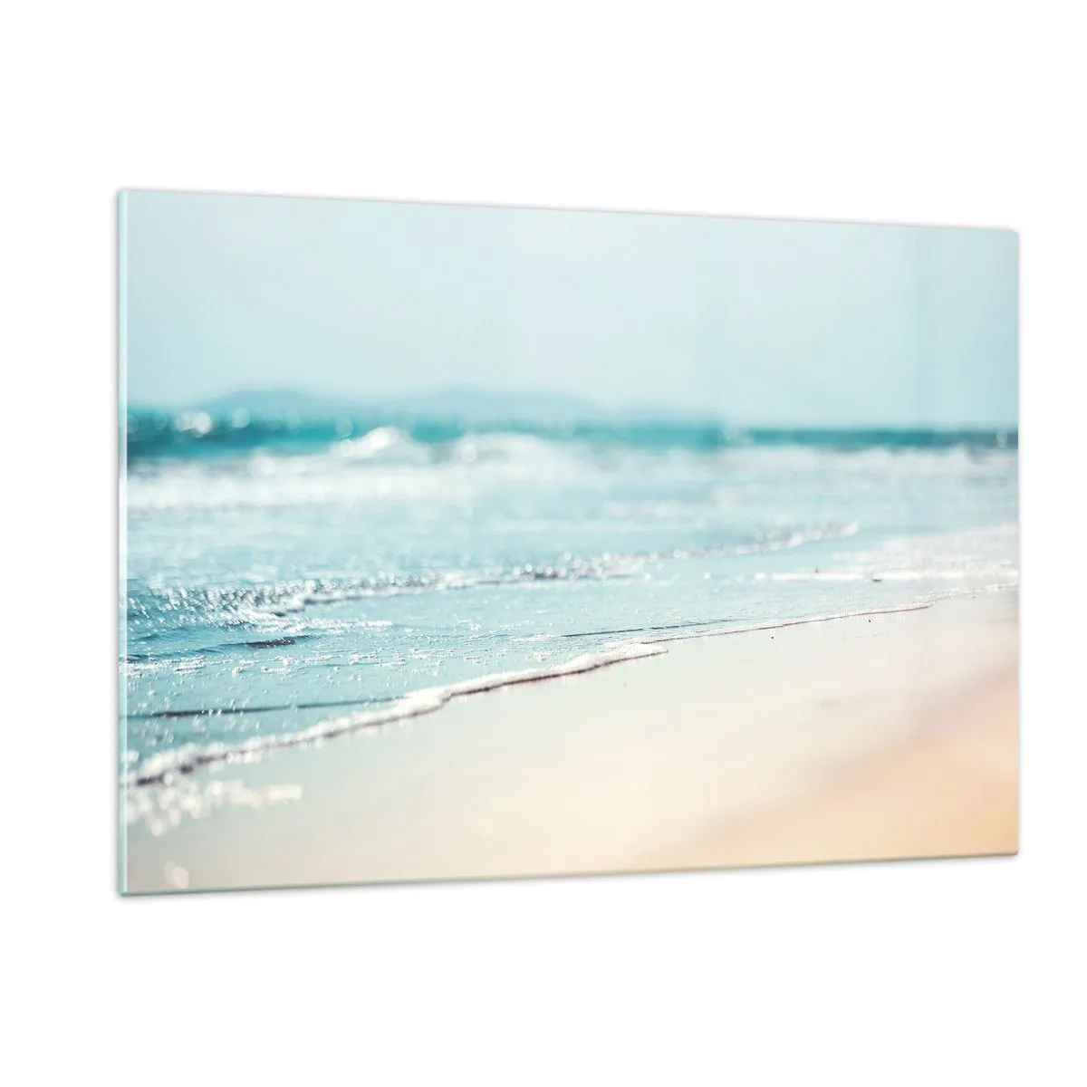 Glasbild - Bild auf glas - Sanfte Meereswellen plätschern an den Sandstrand - 120x80cm - Hitze und Lärm - Moderne Wanddekoration für Wohnzimmer und Schlafzimmer ARTTOR