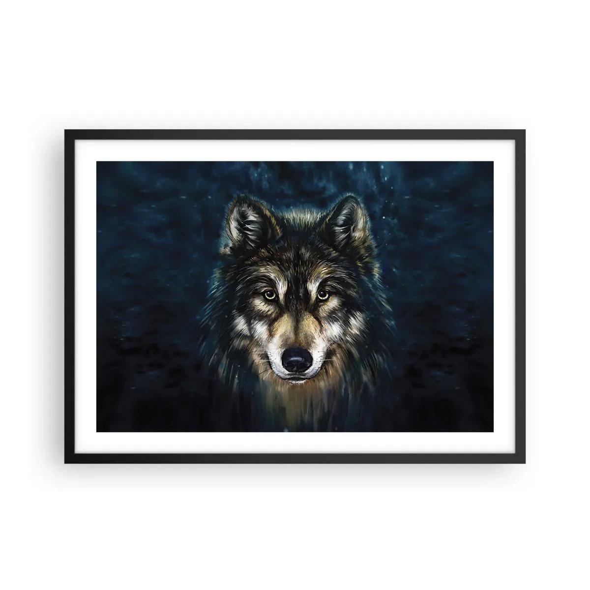 Poster in einem schwarzem Rahmen - Porträt eines Wolfes auf dunkelblauem Hintergrund - 70x50cm - Alpha? Und Omega - Moderne Wanddekoration für Wohnzimmer und Schlafzimmer ARTTOR