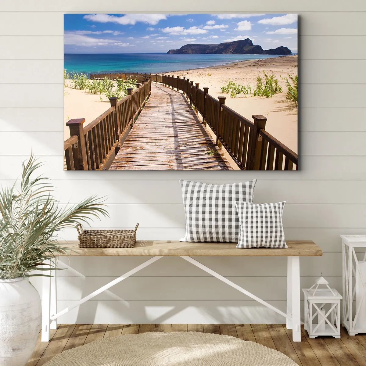 Bild auf Leinwand - Leinwandbild - Holzweg zum Strand mit Meerblick - 120x80cm - Bring mich zu den glücklichen Inseln - Moderne Wanddekoration für Wohnzimmer und Schlafzimmer ARTTOR