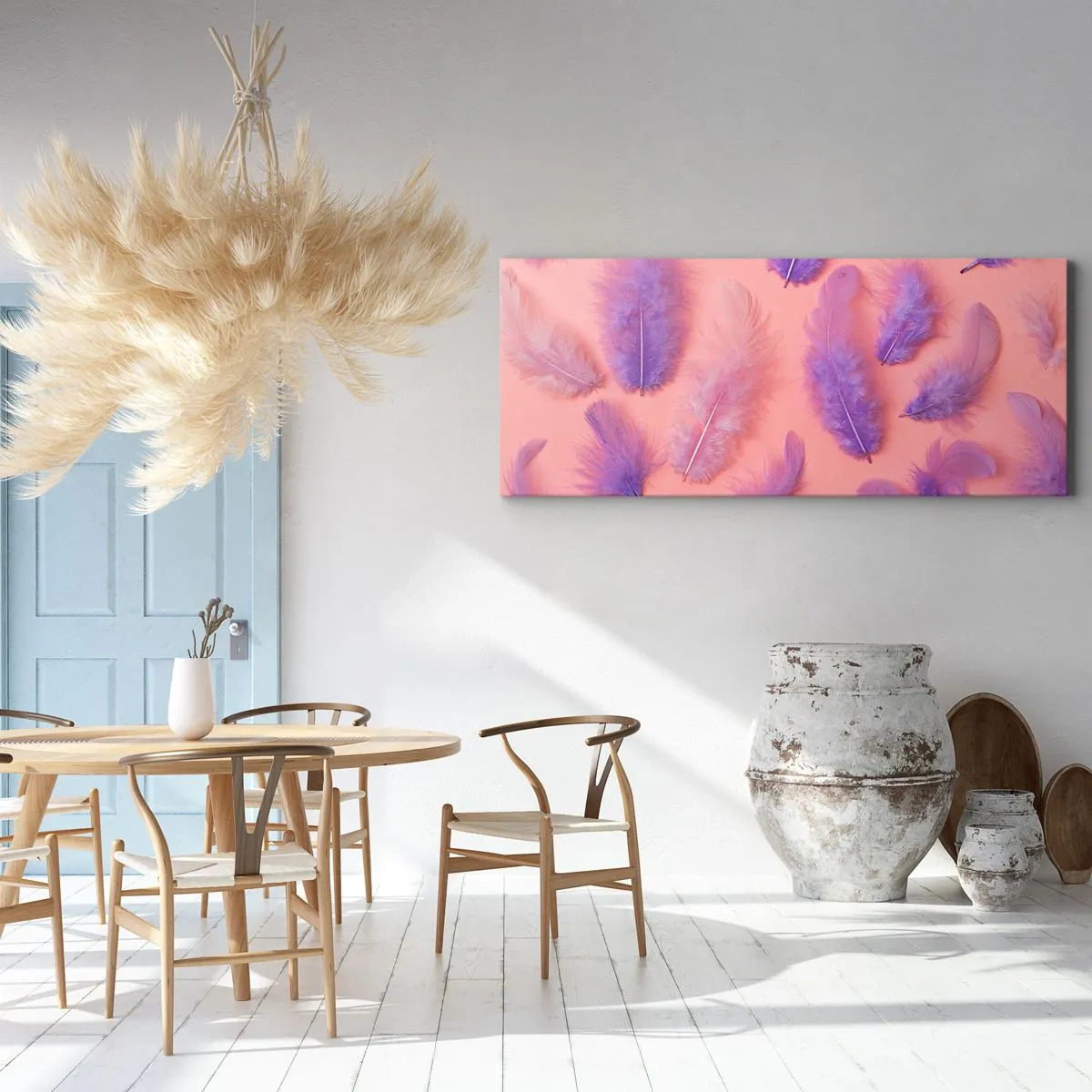 Bild auf Leinwand - Leinwandbild - Lila und rosa Federn auf pastellfarbenem Hintergrund - 140x50cm - Lila Vogel der Begierde - Moderne Wanddekoration für Wohnzimmer und Schlafzimmer ARTTOR