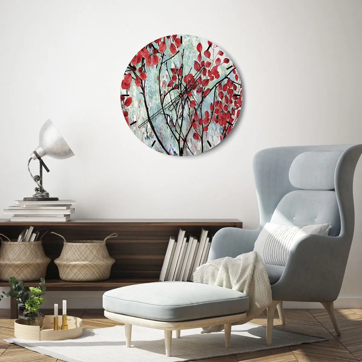Wanduhr - Glasuhr - Zweige mit roten Blättern auf gemaltem Hintergrund - 30x30cm - Baum in Scharlachrot - Moderne Wanddekoration für Wohnzimmer, Küche und Schlafzimmer ARTTOR