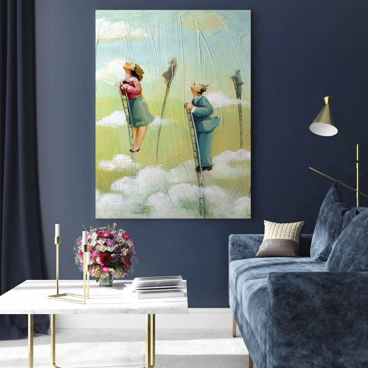 Glasbild - Bild auf glas - Figuren, die Leitern zwischen den Wolken hinaufklettern - 50x70cm - Hinter deinem Traum - Moderne Wanddekoration für Wohnzimmer und Schlafzimmer ARTTOR
