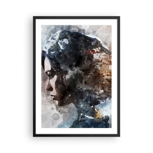 Poster in einem schwarzem Rahmen - Silhouette einer Frau mit einer Aquarelllandschaft im Hintergrund - 50x70cm - Eine Geschichte über ein Mädchen mit einer Stadt im Hintergrund - Moderne Wanddekoration für Wohnzimmer und Schlafzimmer ARTTOR