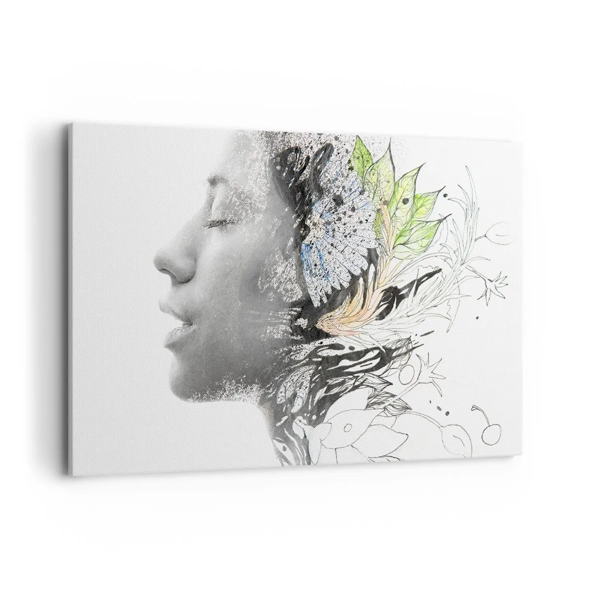 Bild auf Leinwand - Leinwandbild - Profil einer Frau in einer künstlerischen Collage aus Natur und Schwärze - 120x80cm - Eingebettet in der Natur - Moderne Wanddekoration für Wohnzimmer und Schlafzimmer ARTTOR