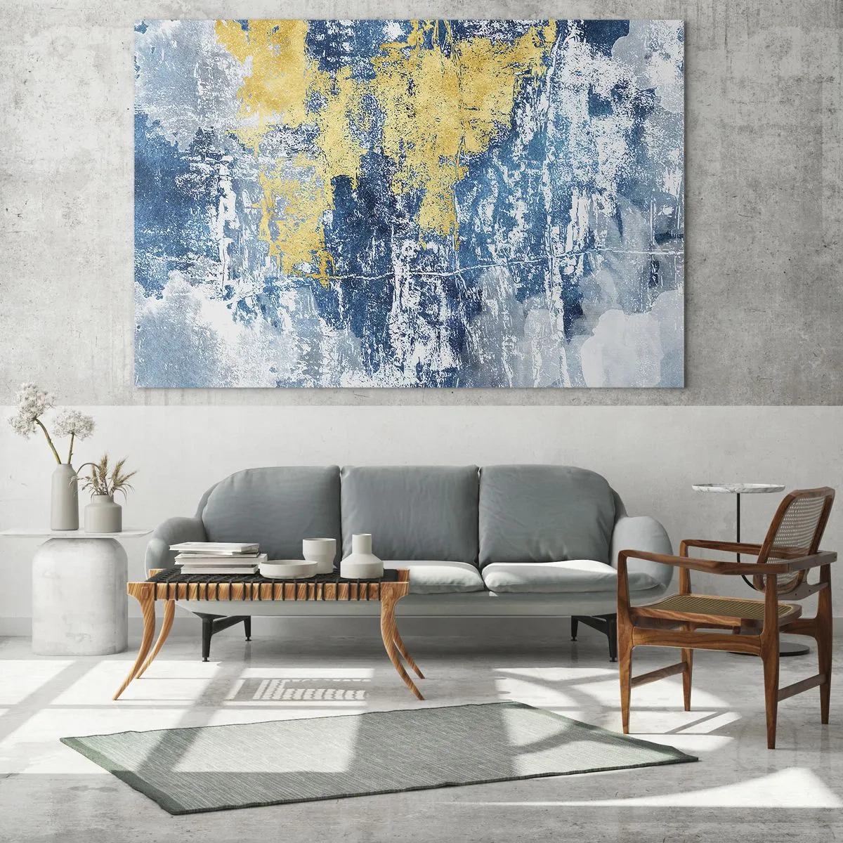 Glasbild - Bild auf glas - Blaue und gelbe Abstraktion mit einem Distressed- und Struktureffekt - 120x80cm - Abstraktion voller Wetter - Moderne Wanddekoration für Wohnzimmer und Schlafzimmer ARTTOR