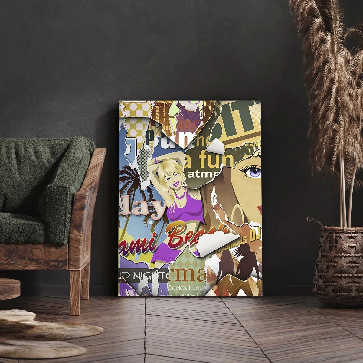 Bild auf Leinwand - Leinwandbild - Eine farbenfrohe Collage mit Retro- und Pop-Art-Elementen. - 80x120cm - Sommer Rückblicke - Moderne Wanddekoration für Wohnzimmer und Schlafzimmer ARTTOR