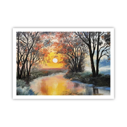 Poster - Sonnenuntergang über dem Fluss in einer Herbstlandschaft - 100x70cm - Herbststimmung - Moderne Wanddekoration für Wohnzimmer und Schlafzimmer ARTTOR