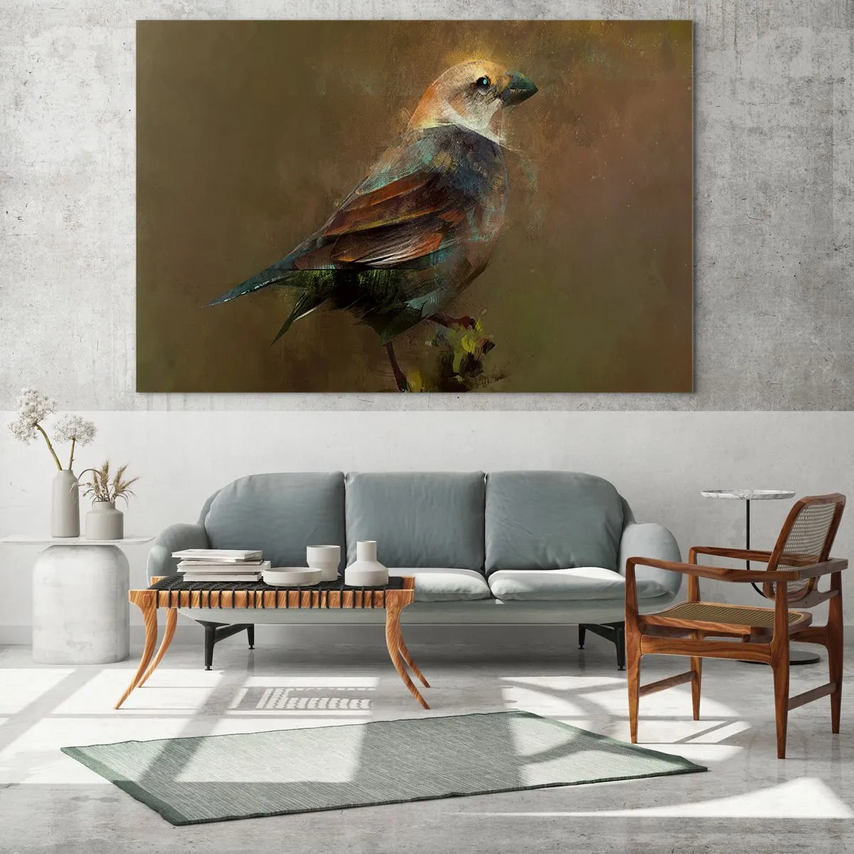 Glasbild - Bild auf glas - Ein Spatz in künstlerischem, malerischem Stil vor neutralem Hintergrund - 100x70cm - Ein Spatz, ein kleines Vögelchen - Moderne Wanddekoration für Wohnzimmer und Schlafzimmer ARTTOR