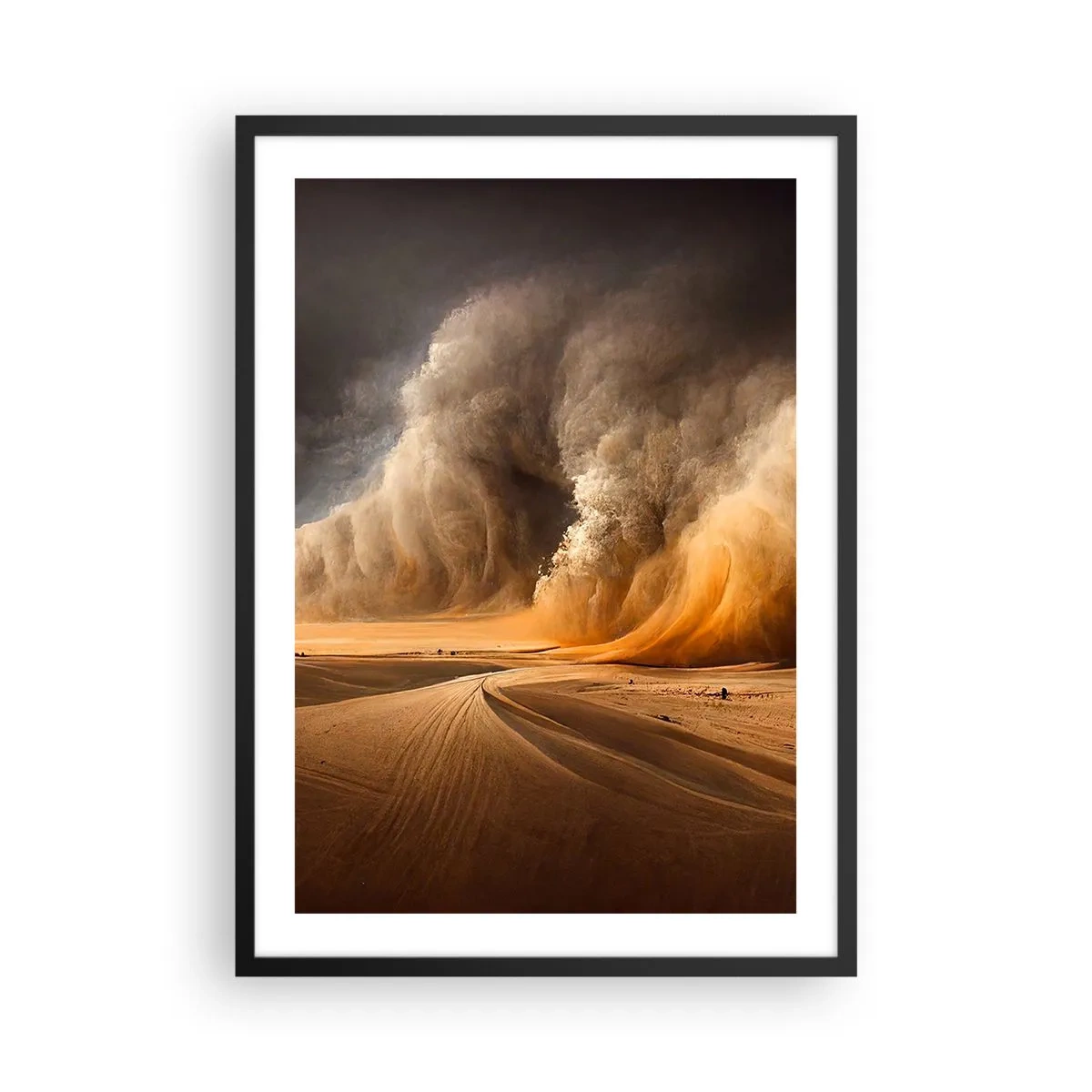 Poster in einem schwarzem Rahmen - Ein gewaltiger Sandsturm in der Wüste - 50x70cm - Zorn der Wüste - Moderne Wanddekoration für Wohnzimmer und Schlafzimmer ARTTOR