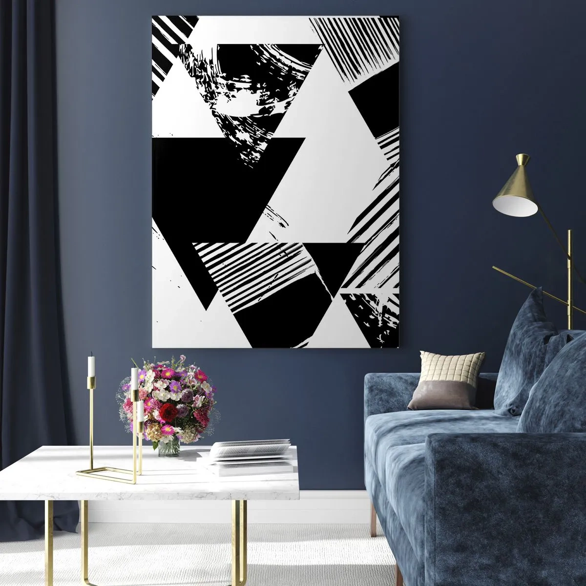 Glasbild - Bild auf glas - Geometrische Muster in minimalistischer Schwarz-Weiß-Form - 80x120cm - Regen von Dreiecken - Moderne Wanddekoration für Wohnzimmer und Schlafzimmer ARTTOR