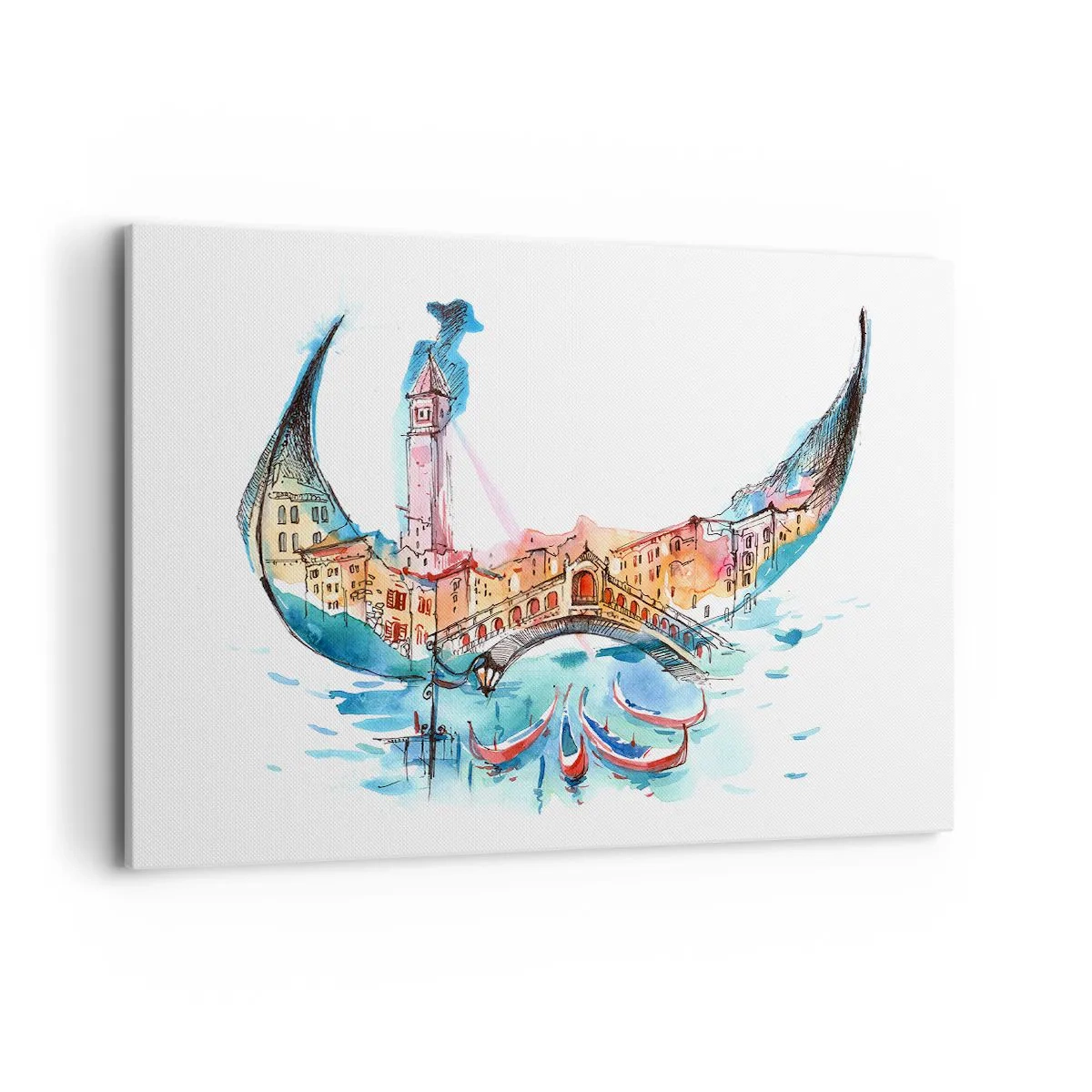 Bild auf Leinwand - Leinwandbild - Eine Aquarellkomposition von Venedig in Form einer Gondel - 100x70cm - Wir segeln durch die Stadt - Moderne Wanddekoration für Wohnzimmer und Schlafzimmer ARTTOR