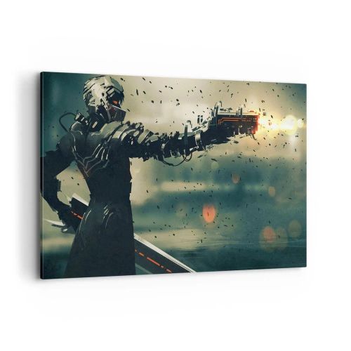Bild auf Leinwand - Leinwandbild - Kybernetischer Krieger mit futuristischen Waffen - 120x80cm - Tödliche Waffe - Dein ganz eigener Terminator - Moderne Wanddekoration für Wohnzimmer und Schlafzimmer ARTTOR