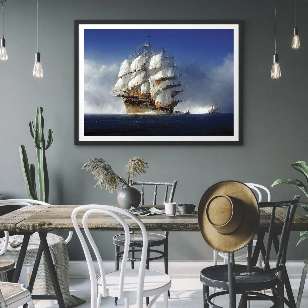 Poster in einem schwarzem Rahmen - Ein Segelschiff auf offener See unter blauem Himmel - 70x50cm - Der große Ruhm! - Moderne Wanddekoration für Wohnzimmer und Schlafzimmer ARTTOR