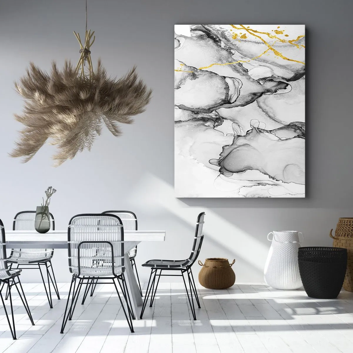 Bild auf Leinwand - Leinwandbild - Abstrakte schwarz-weiße Muster mit goldenen Akzenten - 50x70cm - Komposition mit Goldmotiv - Moderne Wanddekoration für Wohnzimmer und Schlafzimmer ARTTOR