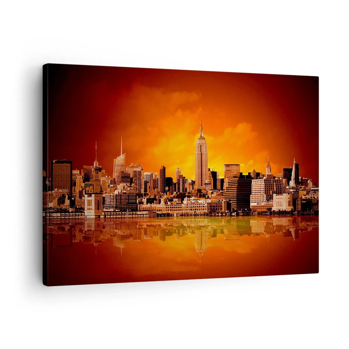 Bild auf Leinwand - Leinwandbild - Panorama der Stadt bei Sonnenuntergang mit im Wasser reflektierten Gebäuden - 70x50cm - Das Großstadtpanorama in Gelb und Bronze - Moderne Wanddekoration für Wohnzimmer und Schlafzimmer ARTTOR