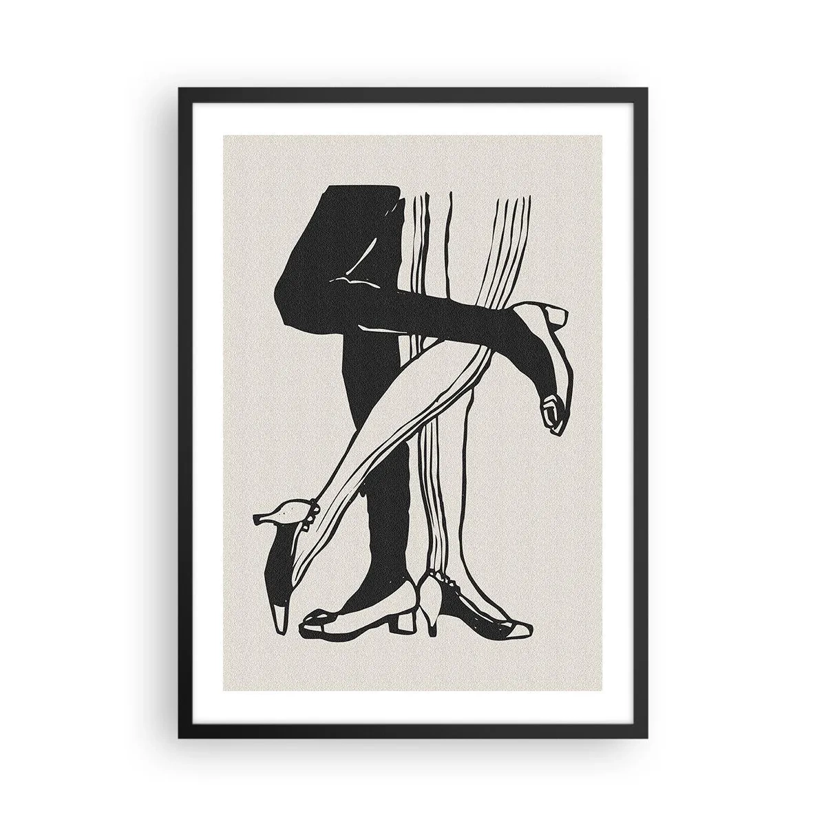 Poster in einem schwarzem Rahmen - Schwarz-Weiß-Illustration von ineinander verschlungenen Beinen beim Tanzen - 50x70cm - Weibliches Attribut - Moderne Wanddekoration für Wohnzimmer und Schlafzimmer ARTTOR