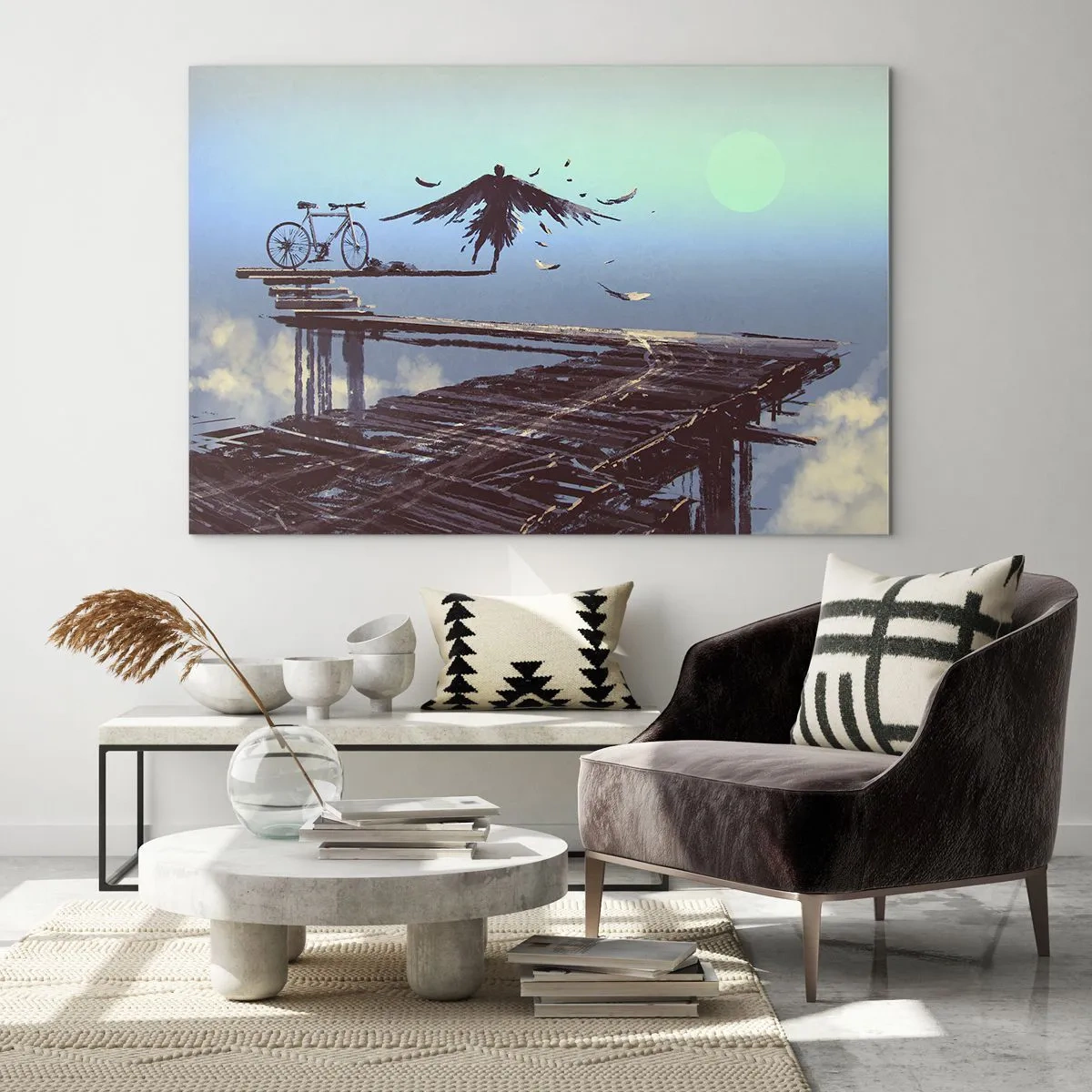 Glasbild - Bild auf glas - Eine Figur mit einem Fahrrad auf einer Holzbrücke über den Wolken - 70x50cm - Ikarus lebt für immer - Moderne Wanddekoration für Wohnzimmer und Schlafzimmer ARTTOR