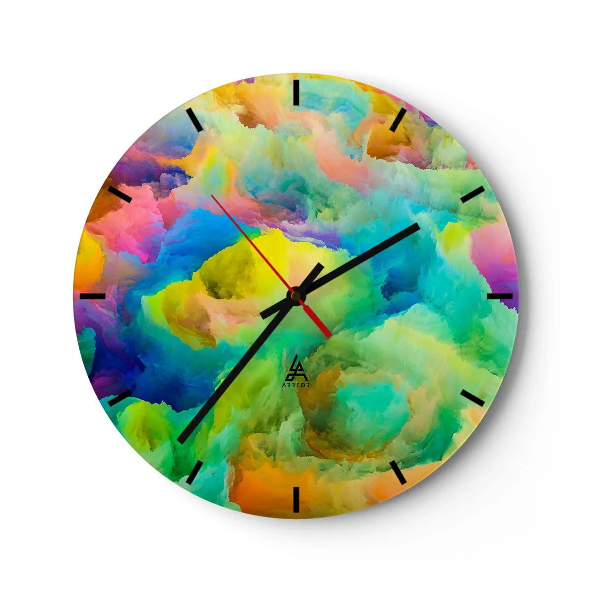 Wanduhr - Glasuhr - Abstrakte, bunte Wolken in leuchtenden Farben - 30x30cm - Regenbogen unten - Moderne Wanddekoration für Wohnzimmer, Küche und Schlafzimmer ARTTOR