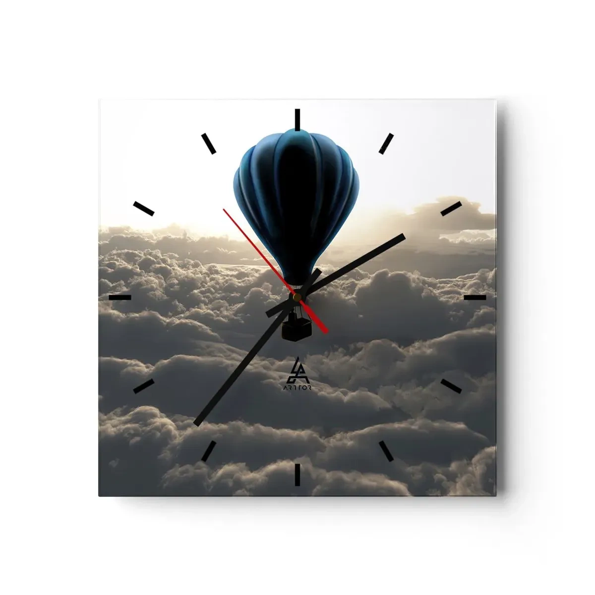Wanduhr - Glasuhr - Ein Heißluftballon vor einem Himmel mit Wolken bei Sonnenuntergang - 30x30cm - Ein Wanderer über den Wolken - Moderne Wanddekoration für Wohnzimmer und Schlafzimmer ARTTOR