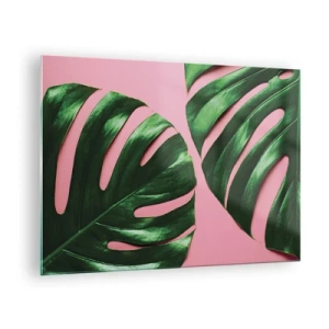 Glasbild - Bild auf glas - Grüne Monstera-Blätter auf rosa Hintergrund - 70x50cm - Rendezvous im Grünen - Moderne Wanddekoration für Wohnzimmer und Schlafzimmer ARTTOR
