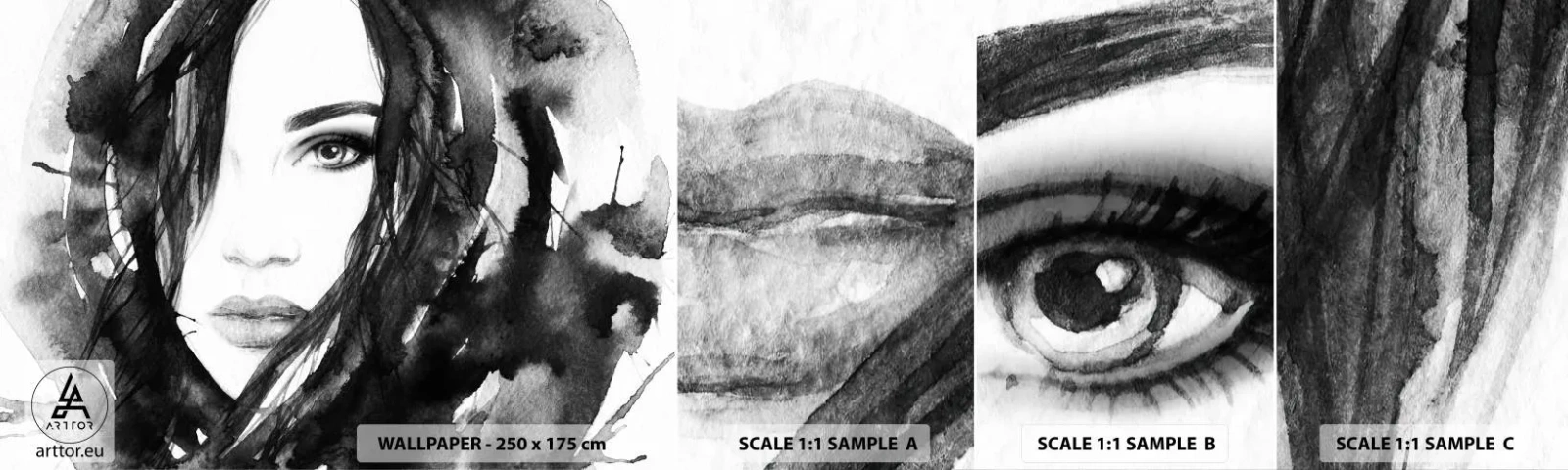 Fototapetenmuster Standard Eco - Porträt einer Dame in Schwarzweiß - Abstraktion, Das Gesicht einer Frau, Porträt - 100x30 cm