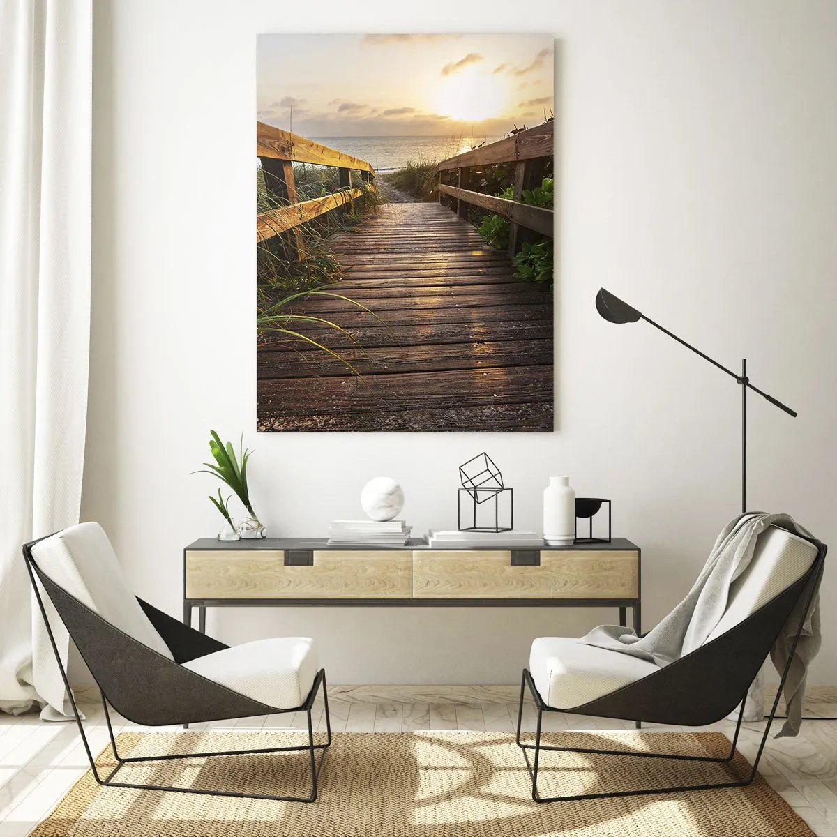 Glasbild - Bild auf glas - Holzsteg zum Strand bei Sonnenuntergang - 70x100cm - Und direkt ans Ufer - Moderne Wanddekoration für Wohnzimmer und Schlafzimmer ARTTOR