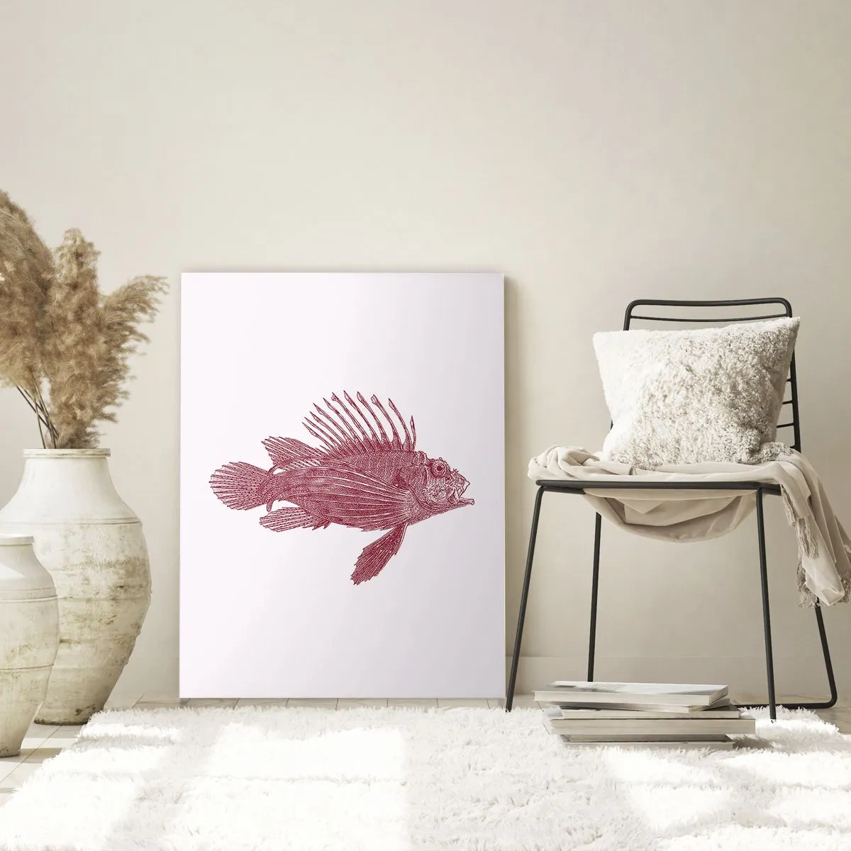 Glasbild - Bild auf glas - Skizze eines exotischen Fisches in Burgunderfarbe auf hellem Hintergrund - 50x70cm - Bewohner exotischer Gewässer - Moderne Wanddekoration für Wohnzimmer und Schlafzimmer ARTTOR