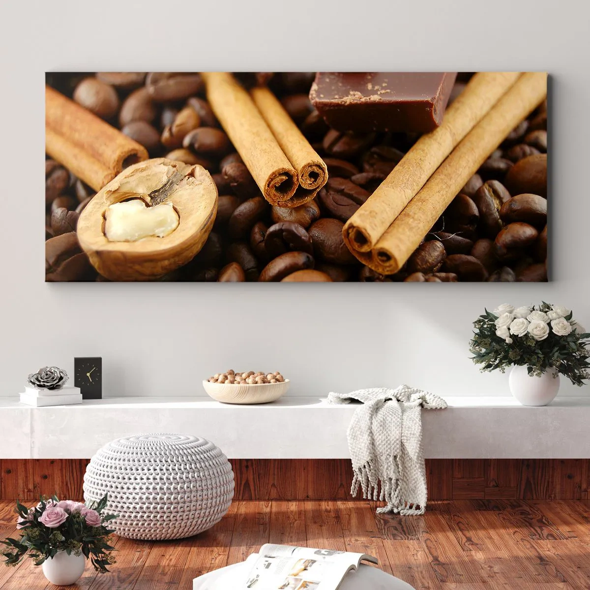 Bild auf Leinwand - Leinwandbild - Kaffeebohnen mit Zimtstangen, Schokolade und Walnuss. - 140x50cm - Konzert der Aromen - Moderne Wanddekoration für Wohnzimmer und Schlafzimmer ARTTOR