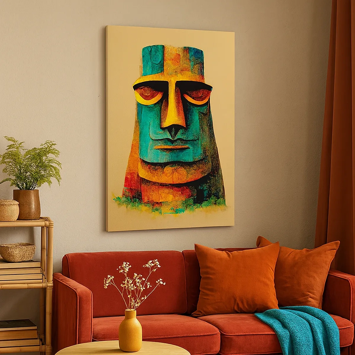 Bild auf Leinwand - Leinwandbild - Bunte Statue von der Osterinsel - 50x70cm - Statuenhaft und sympathisch - Moderne Wanddekoration für Wohnzimmer und Schlafzimmer ARTTOR