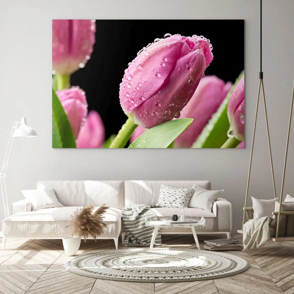 Glasbild - Bild auf glas - Rosa Tulpen mit Tautropfen bedeckt auf schwarzem Hintergrund - 70x50cm - Lila Traum im Tau - Moderne Wanddekoration für Wohnzimmer und Schlafzimmer ARTTOR