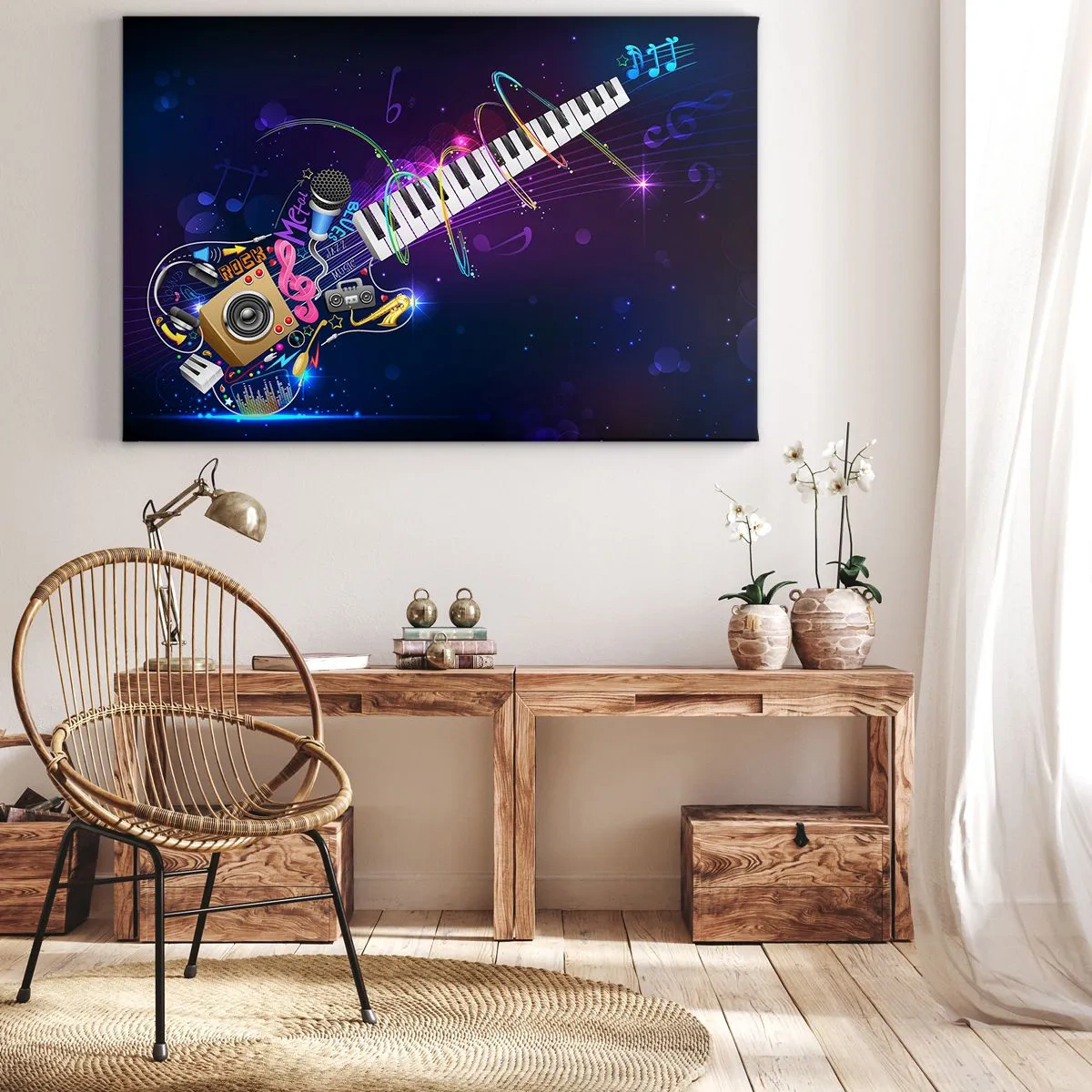 Bild auf Leinwand - Leinwandbild - Eine bunte Gitarre mit Keyboard und Mikrofon auf dunklem Hintergrund. - 70x50cm - Und alles ist gut - Moderne Wanddekoration für Wohnzimmer und Schlafzimmer ARTTOR