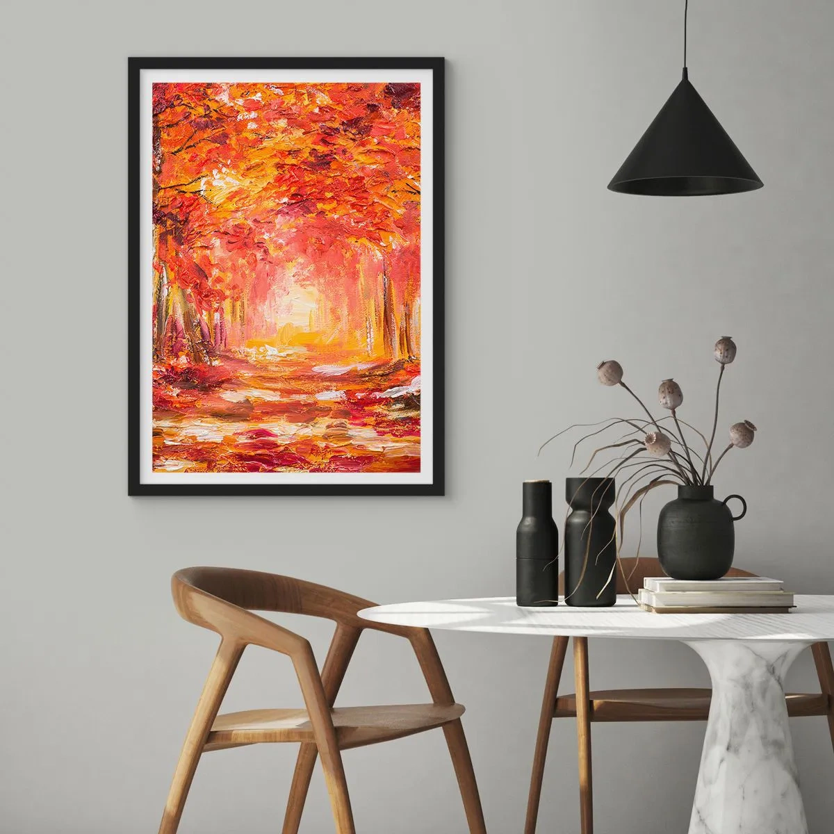 Poster in einem schwarzem Rahmen - Eine malerische Allee in herbstlichen Farben - 50x70cm - Kupferwald - Moderne Wanddekoration für Wohnzimmer und Schlafzimmer ARTTOR