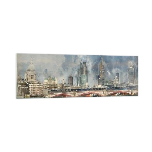 Glasbild - Bild auf glas - Aquarellansicht der Brücke und der Skyline der Stadt - 160x50cm - London in seiner ganzen Pracht - Moderne Wanddekoration für Wohnzimmer und Schlafzimmer ARTTOR