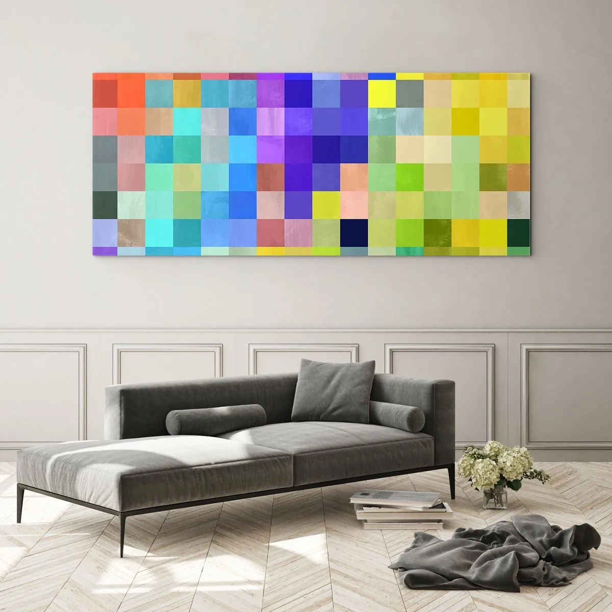 Glasbild - Bild auf glas - Ein buntes Mosaik aus Quadraten in verschiedenen Farben - 120x50cm - Alle anderen, alle gleich - Moderne Wanddekoration für Wohnzimmer und Schlafzimmer ARTTOR