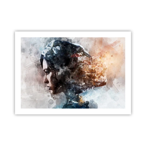 Poster - Eine Geschichte über ein Mädchen mit einer Stadt im Hintergrund - 70x50 cm