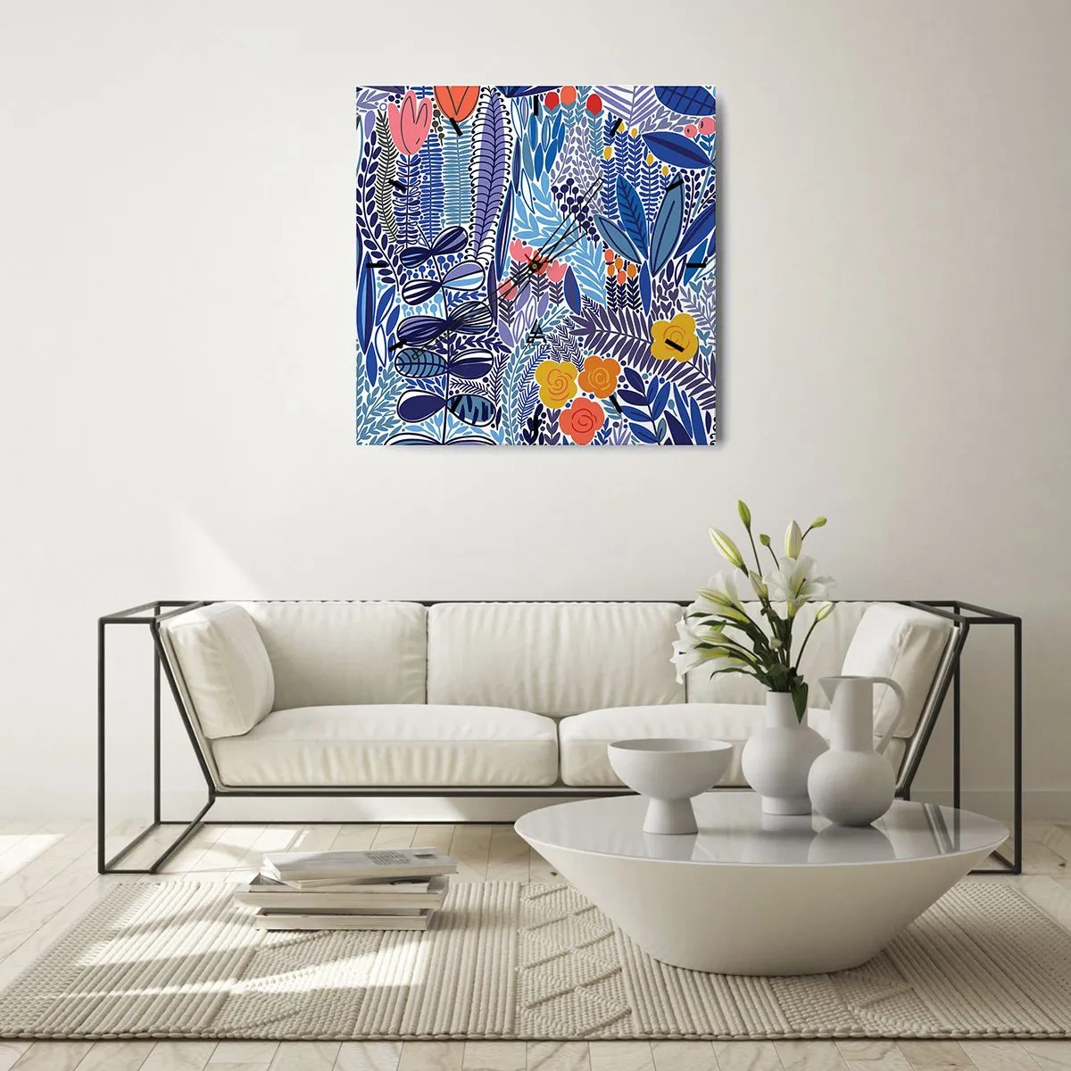 Wanduhr - Glasuhr - Ein farbenfrohes Pflanzenmotiv im modernen Grafikstil - 30x30cm - Hawaiianischer Garten - Moderne Wanddekoration für Wohnzimmer und Schlafzimmer ARTTOR