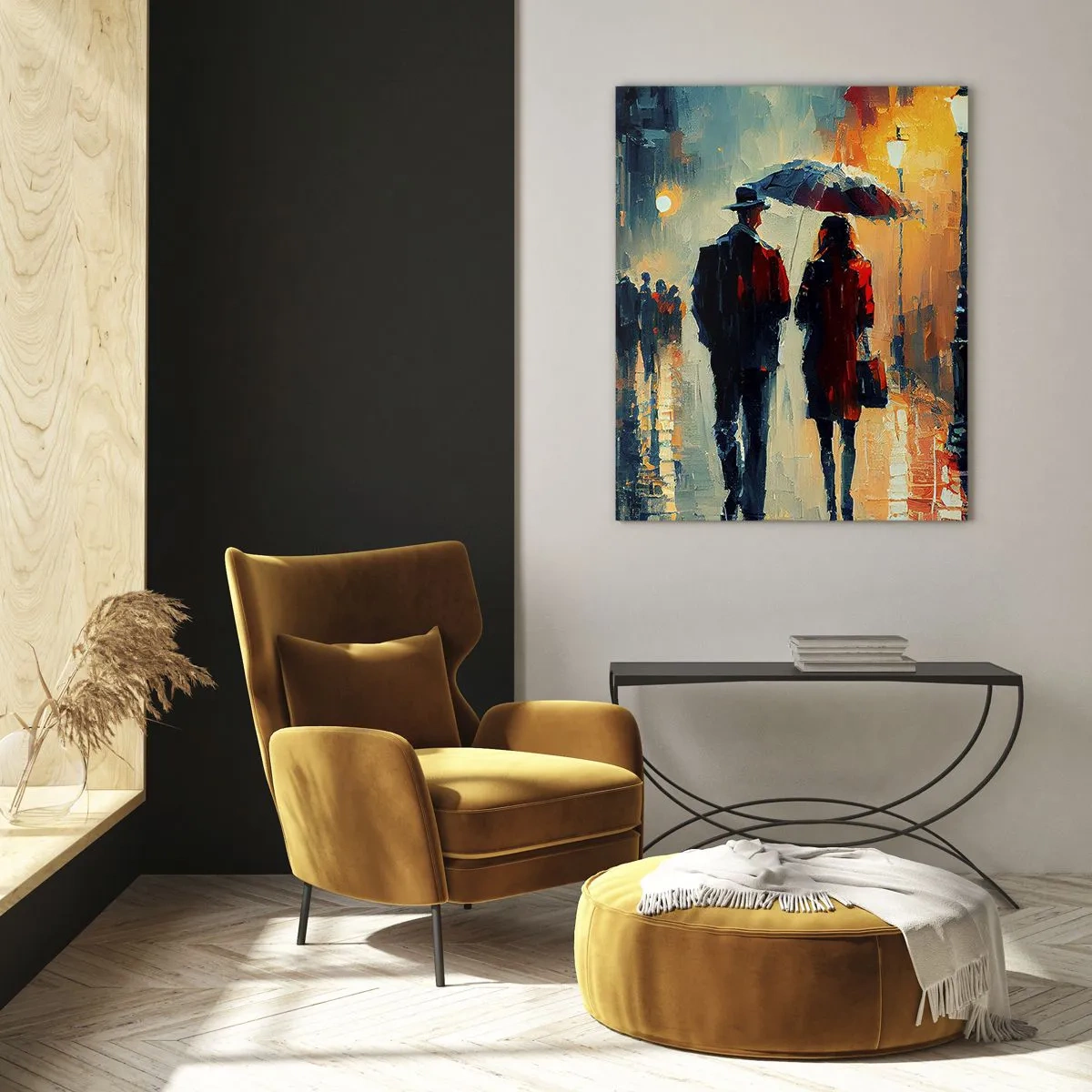 Glasbild - Bild auf glas - Nachts im Regen unter einem Regenschirm in der Stadt spazieren gehen - 80x120cm - Urbane Liebesgeschichte - Moderne Wanddekoration für Wohnzimmer und Schlafzimmer ARTTOR