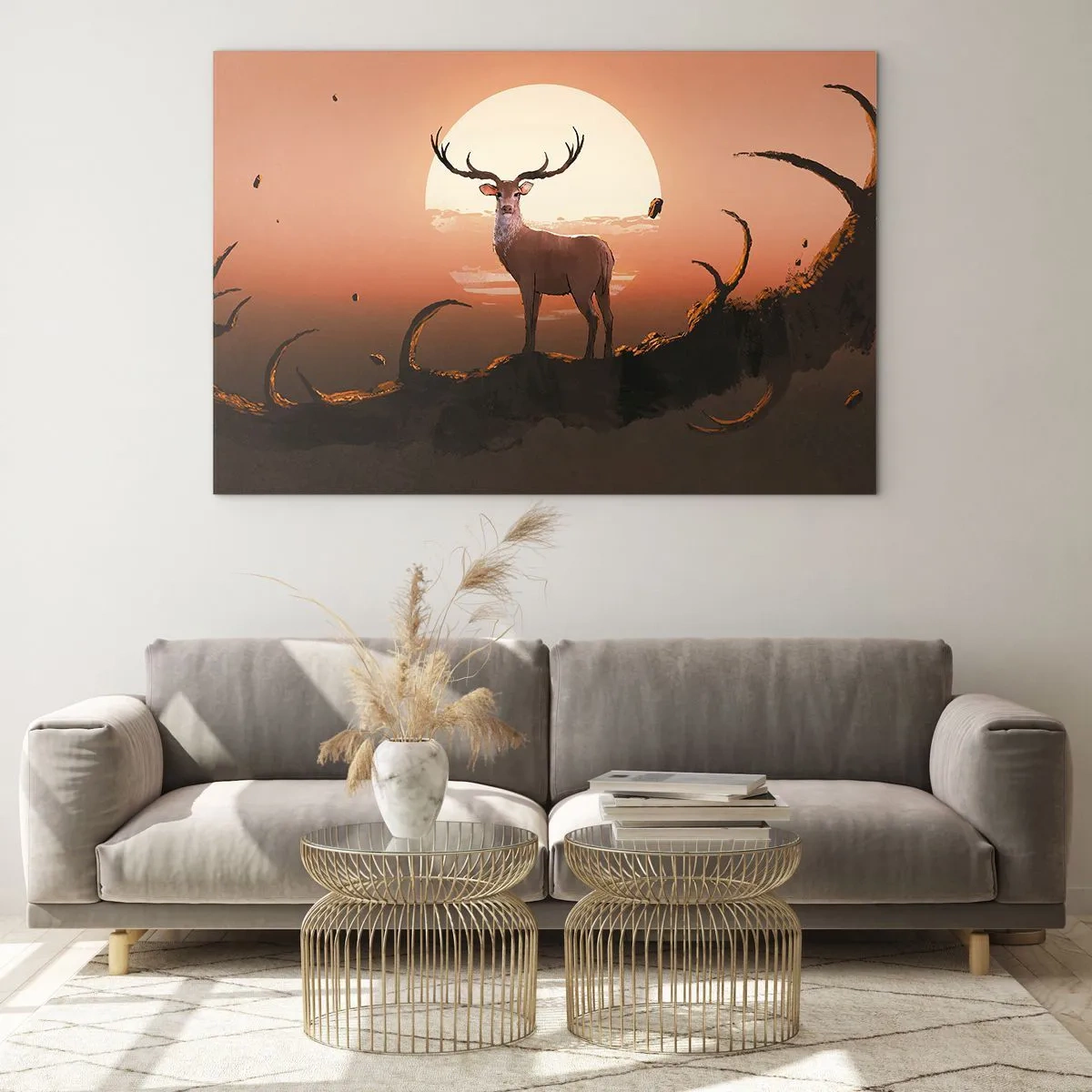 Glasbild - Bild auf glas - Silhouette eines Hirsches vor dem Hintergrund eines großen Mondes, umgeben von Zweigen - 70x50cm - Diese Nacht ist anders als jede andere - Moderne Wanddekoration für Wohnzimmer und Schlafzimmer ARTTOR