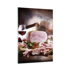 Glasbild - Bild auf glas - Küchentisch mit Aufschnitt, Wein und frischem Gemüse - 50x70cm - Ein kulinarischer Traum mit einer Karaffe - Moderne Wanddekoration für Wohnzimmer und Schlafzimmer ARTTOR