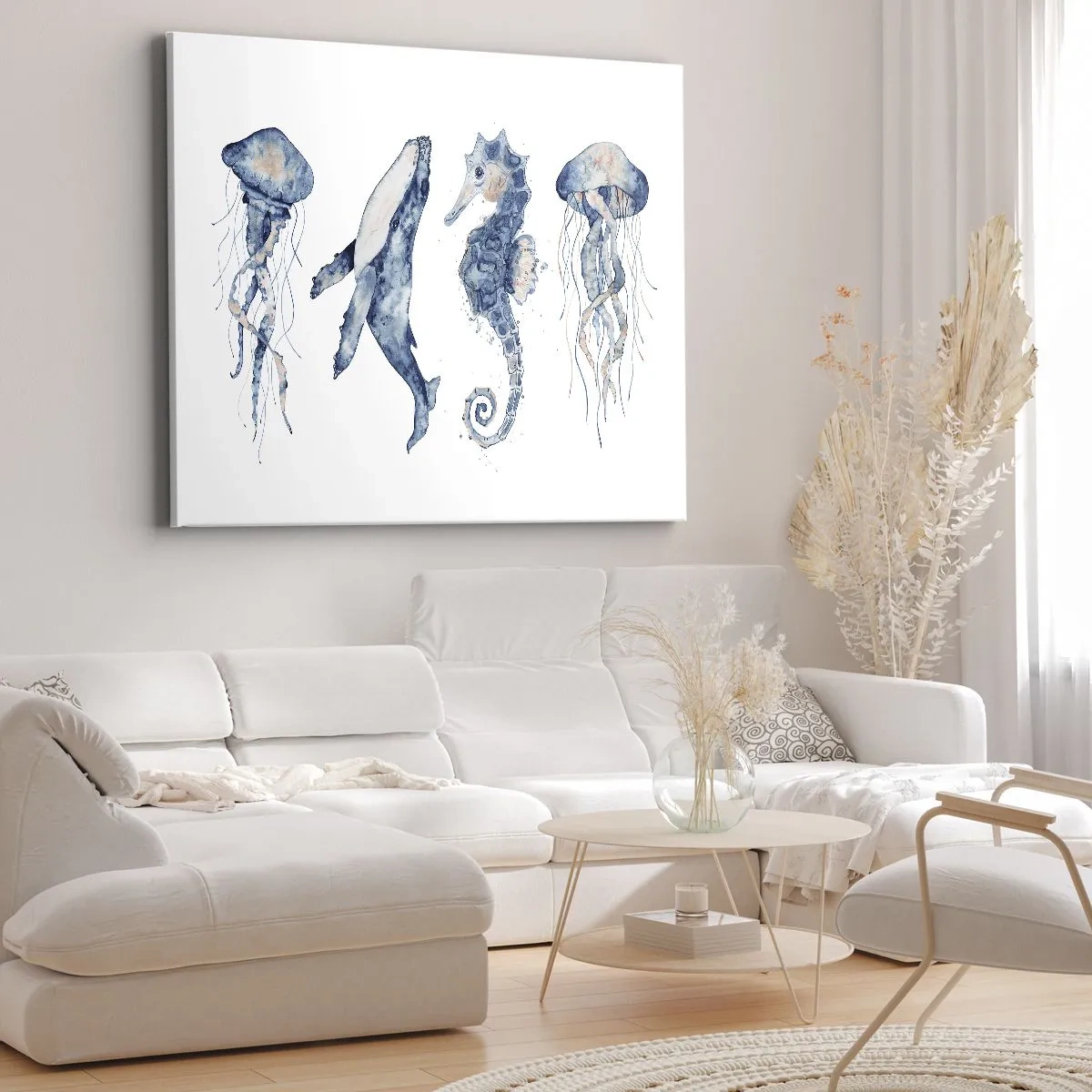 Bild auf Leinwand - Leinwandbild - Quallen, Wale und Seepferdchen im Aquarellstil - 70x50cm - Meereswunder - Moderne Wanddekoration für Wohnzimmer und Schlafzimmer ARTTOR