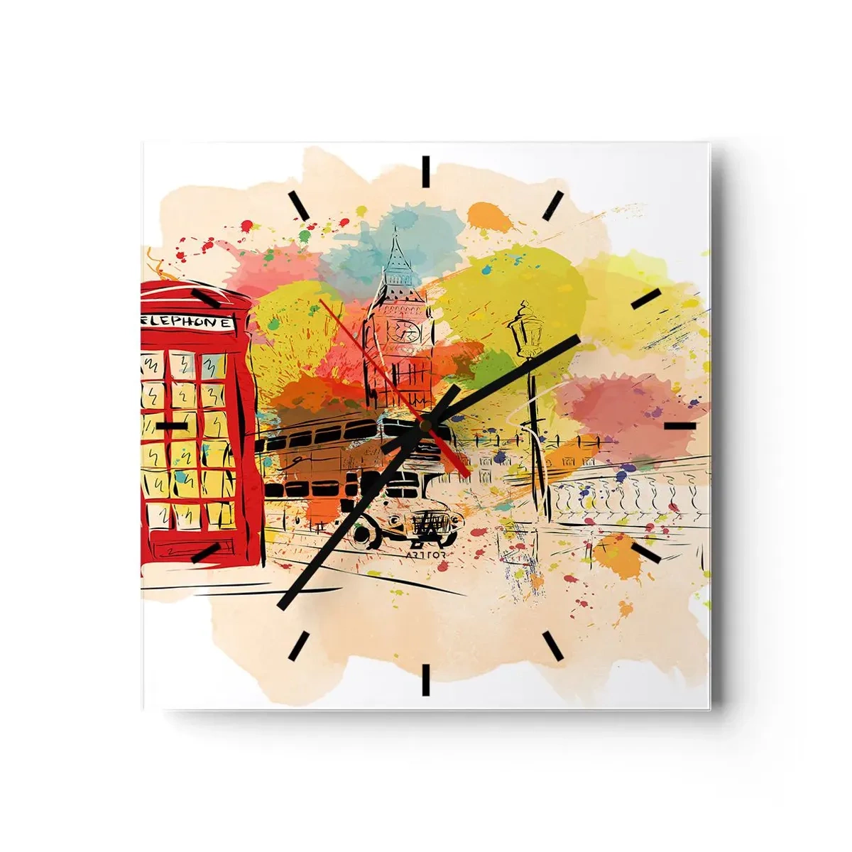 Wanduhr - Glasuhr - London-Thema mit rotem Bus und Stand - 30x30cm - Die Stadt der Vielfalt - Moderne Wanddekoration für Wohnzimmer und Schlafzimmer ARTTOR