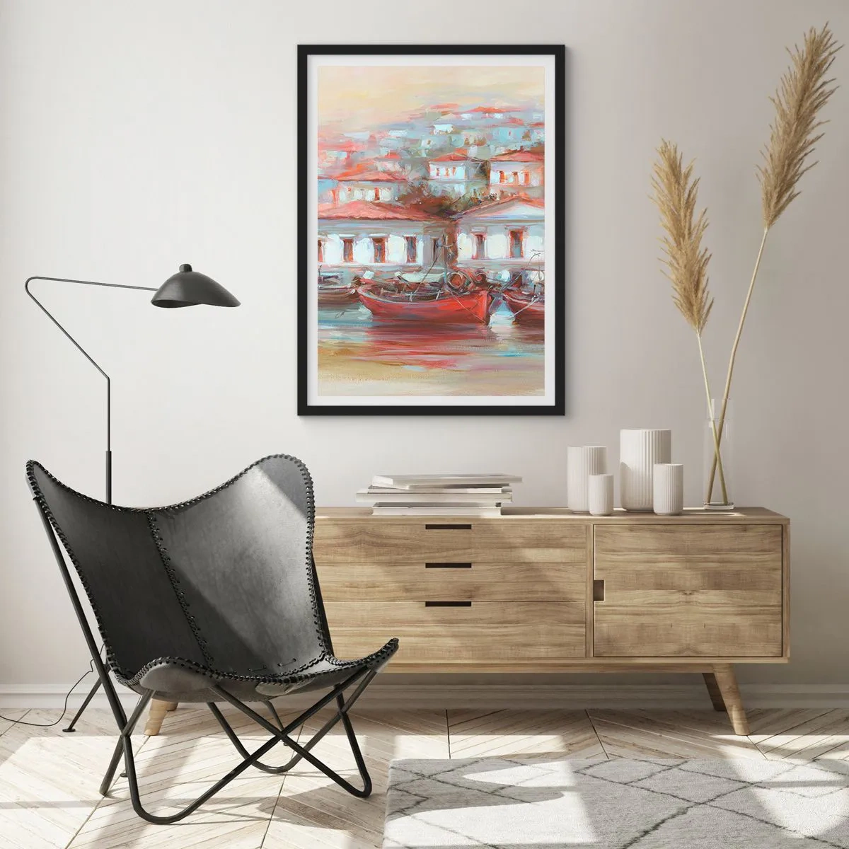 Poster in einem schwarzem Rahmen - Eine bunte Stadt mit Booten am Ufer - 50x70cm - Glückliche Stadt - Moderne Wanddekoration für Wohnzimmer und Schlafzimmer ARTTOR
