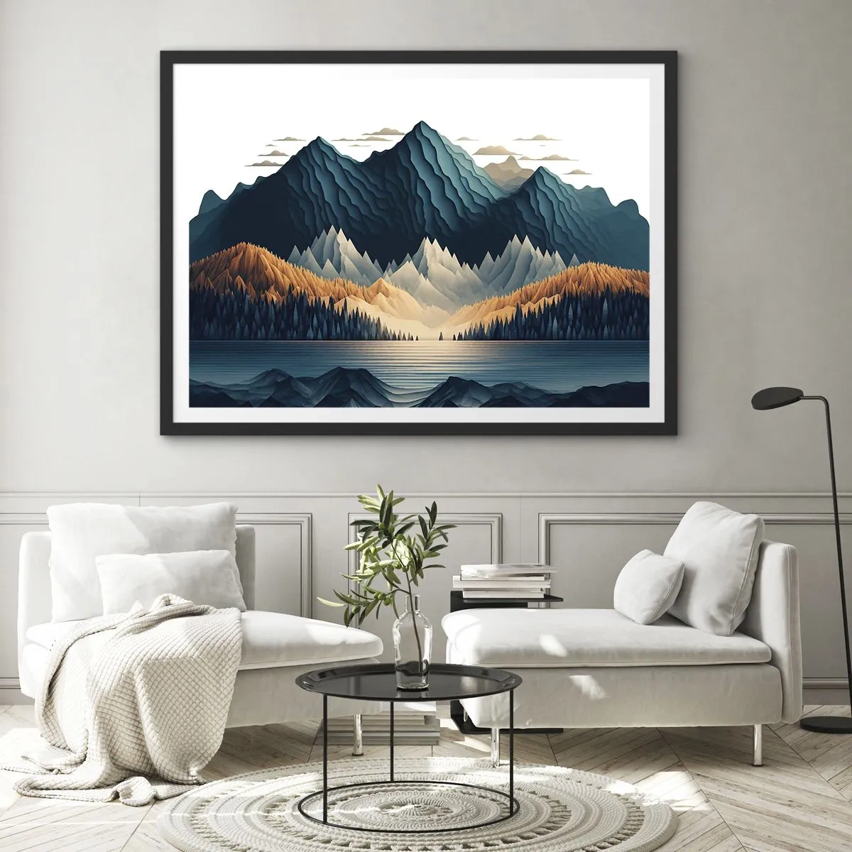 Poster in einem schwarzem Rahmen - Malerische Berge über dem See bei Sonnenuntergang - 70x50cm - Perfekte Berglandschaft - Moderne Wanddekoration für Wohnzimmer und Schlafzimmer ARTTOR