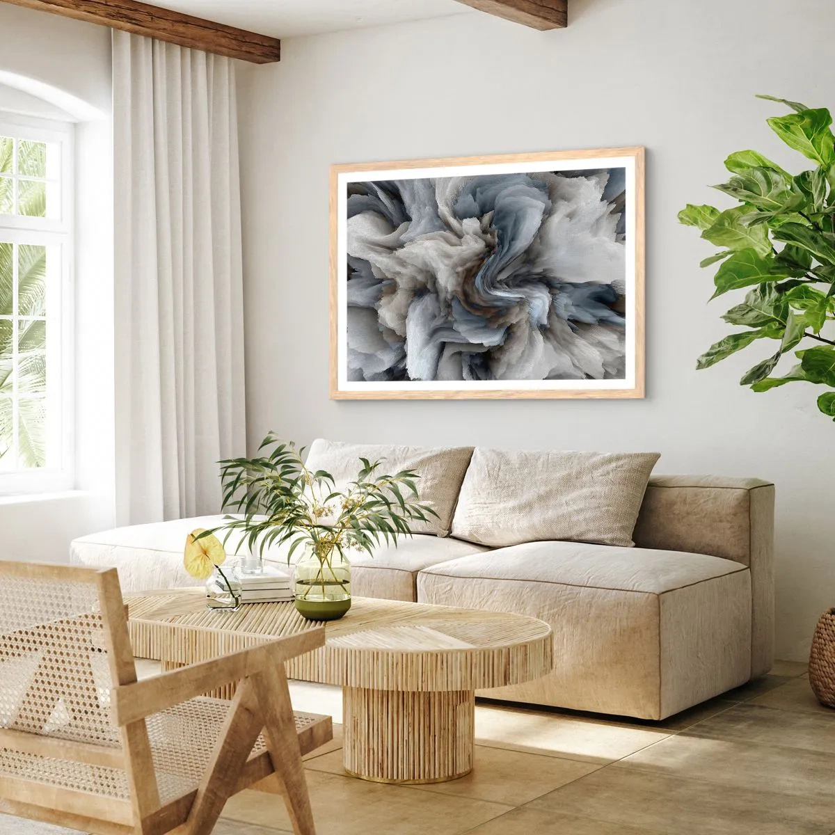 Poster in einem Rahmen aus heller Eiche - Stein und Blume - 50x40 cm