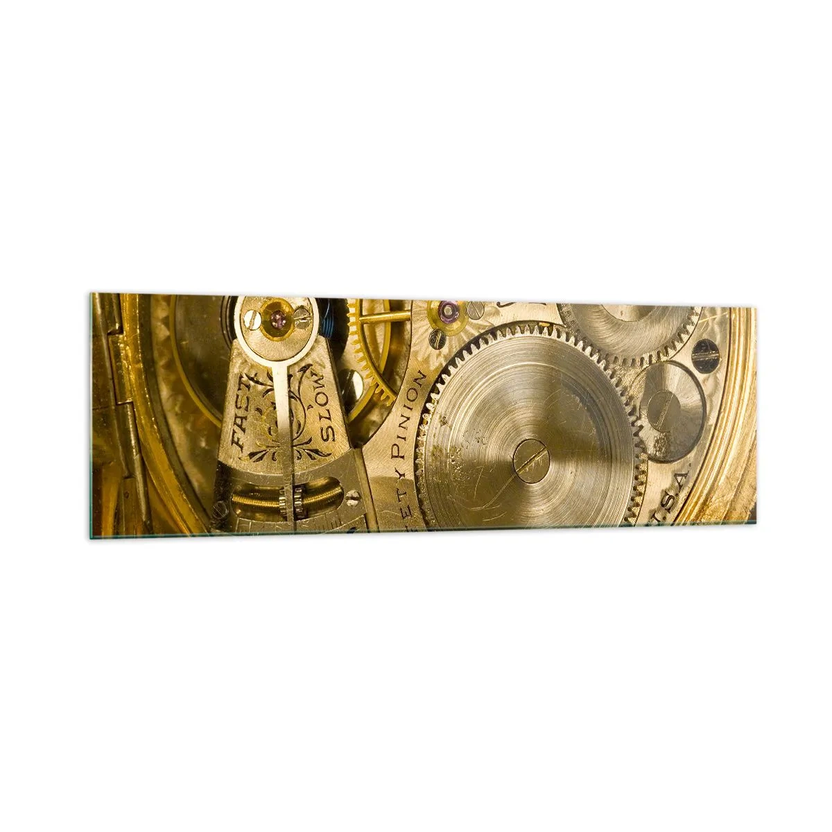 Glasbild - Bild auf glas - Uhrwerk mit sichtbaren Zahnrädern und Details - 160x50cm - Geh mit der Zeit - Moderne Wanddekoration für Wohnzimmer und Schlafzimmer ARTTOR