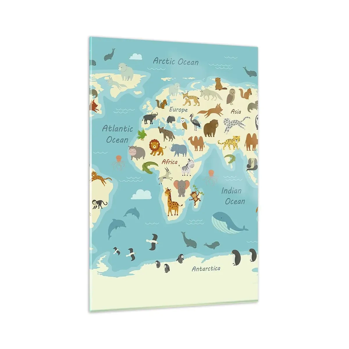 Glasbild - Bild auf glas - Weltkarte mit Tierillustrationen - 80x120cm - Gute Nachbarn - Moderne Wanddekoration für Wohnzimmer und Schlafzimmer ARTTOR