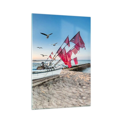 Glasbild - Bild auf glas - Ein Boot am Strand im Morgengrauen mit Möwen und roten Fahnen - 70x100cm - Wohlverdiente Ruhe - Moderne Wanddekoration für Wohnzimmer und Schlafzimmer ARTTOR