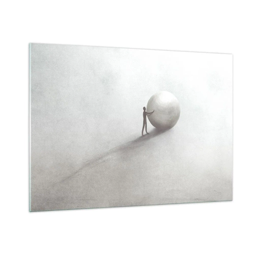 Glasbild - Bild auf glas - Eine minimalistische Silhouette eines Mannes mit einem großen Ball auf hellem Hintergrund. - 100x70cm - Das Spiel des Lebens - Moderne Wanddekoration für Wohnzimmer und Schlafzimmer ARTTOR