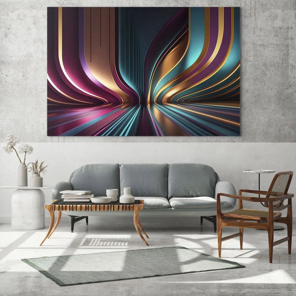 Glasbild - Bild auf glas - Bunte Lichtlinien erzeugen futuristische Formen - 120x80cm - Architektur des Lichts - Moderne Wanddekoration für Wohnzimmer und Schlafzimmer ARTTOR